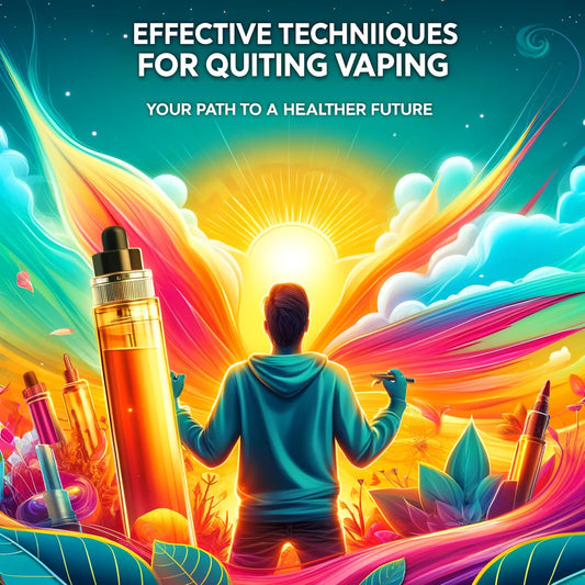Image of a man looking up at the sun with vape devices blurred in the background. Text reads: 'Effective Techniques for Quitting Vaping.
