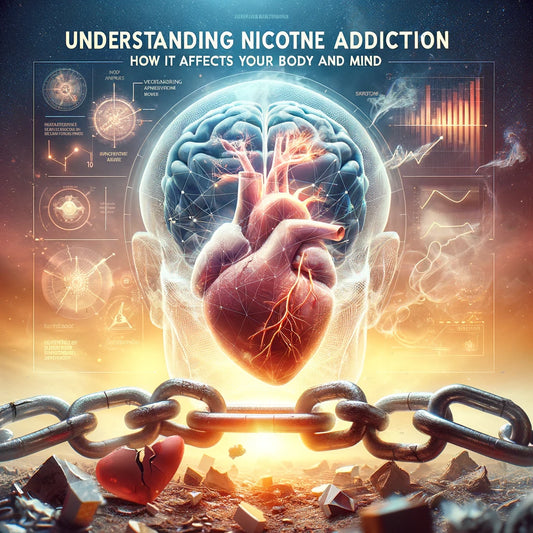 Illustration of a heart, brain, and breaking chains with the text 'Understanding Nicotine Addiction: How It Affects Your Body and Mind'—a scientific representation of overcoming nicotine dependency.